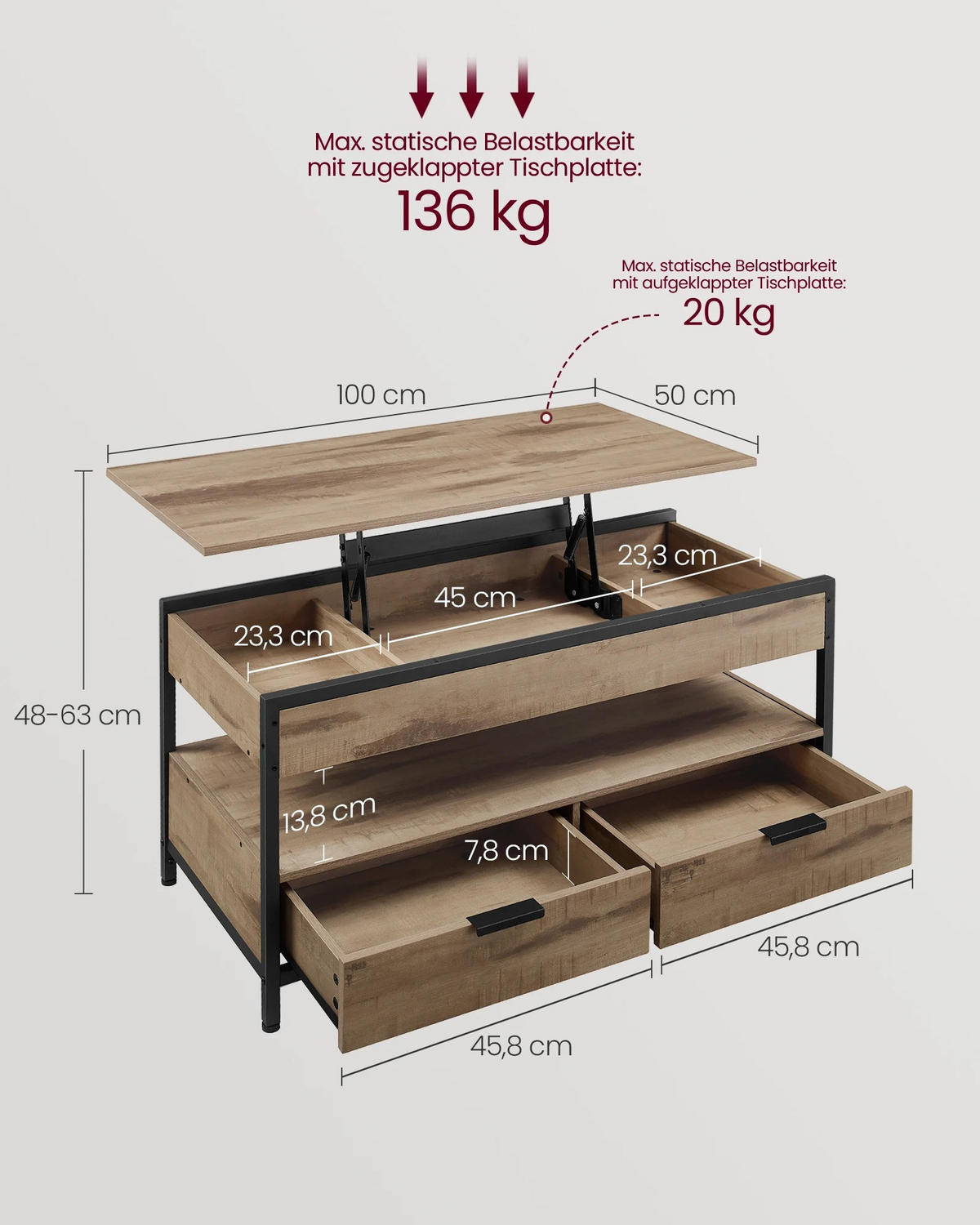 COUCHTISCH, Braun, höhenverstellbar, mit Schubladen - Braun, Holzwerkstoff (50/100/63cm) - Kaket