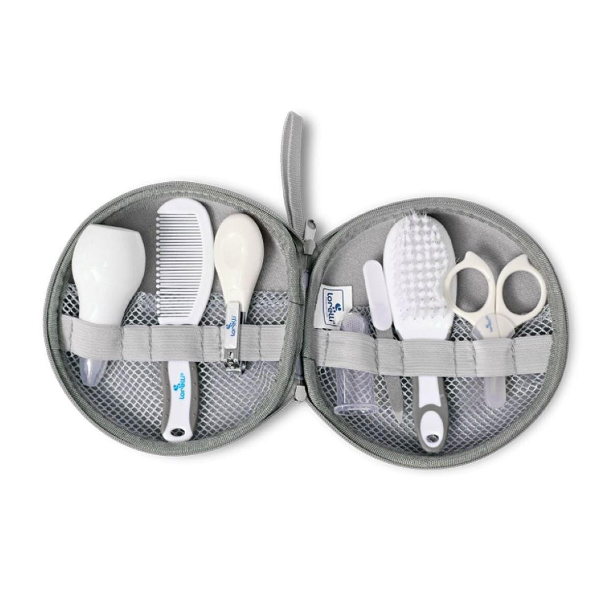 BABYPFLEGESET 1024029 grau Edelstahl, 8-teilig, Sauger, Baby Hygiene Set 8-tlg, Fingerzahnbürste - Grau, Metall (4/15cm) - Lorelli