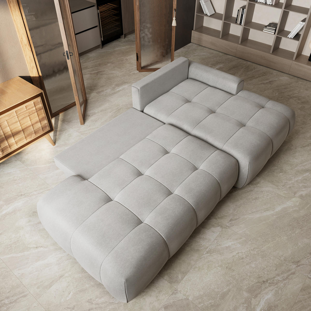 ECKSOFA FLUMA CL R-S Hellgrau Samtstoff mit Schlaffunktion - Hellgrau, Holzwerkstoff/Textil (279/158cm) - MASSENO