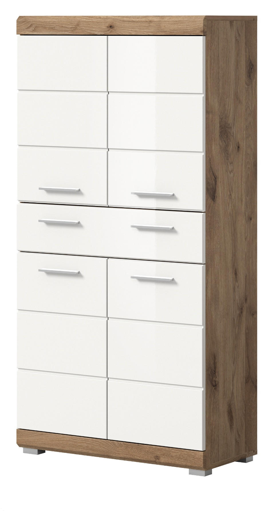 MIDISCHRANK weiß Hochglanz, Eiche 74 cm, Badschrank 4-türig - Chromfarben/Weiß Hochglanz, Holzwerkstoff/Kunststoff (74/141/31cm) - Inn.Furn