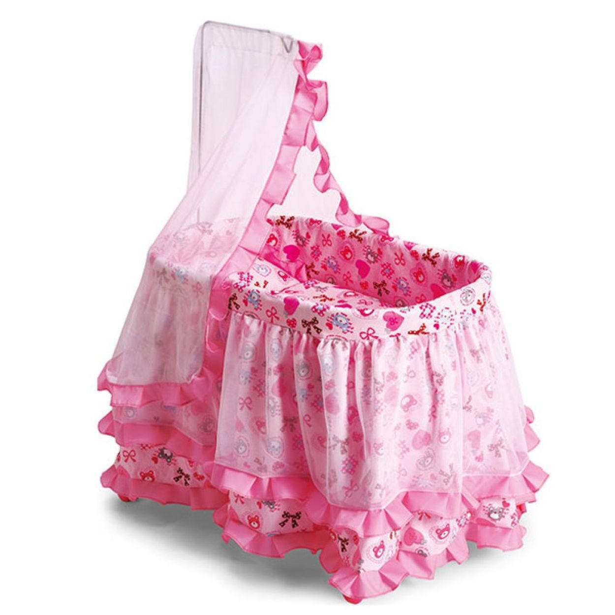 PUPPENWIEGE Princess 9376 61,5 x 43 cm, Himmel, Rüschchen, Wiegefunktion, ab 3 Jahren, Holz - Rosa, Metall (43/85/61cm) - Moni