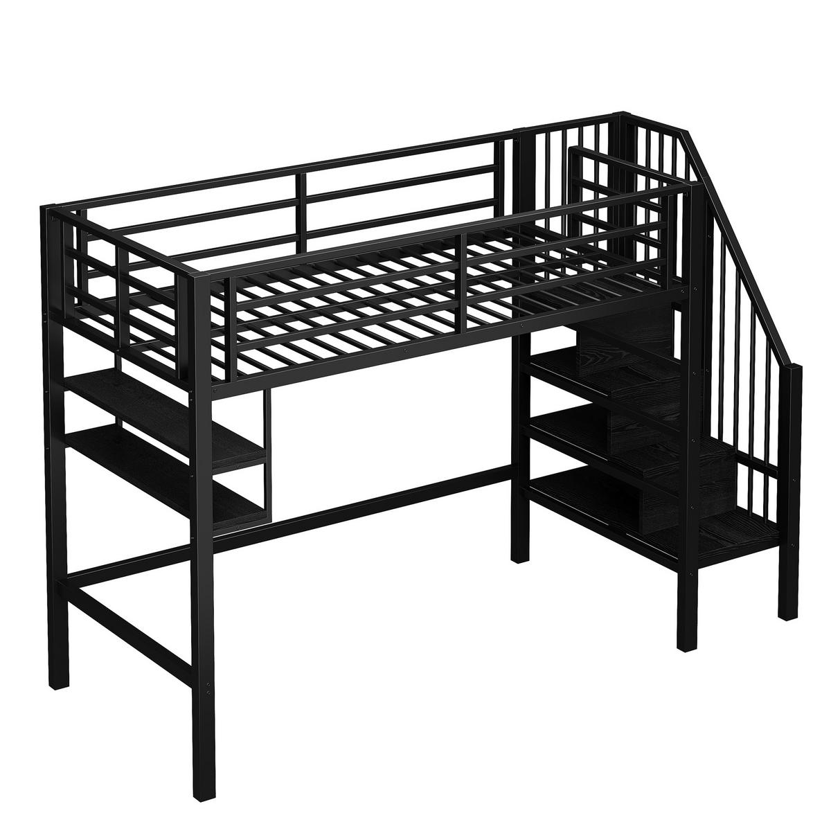 HOCHBETT mit Regalen und Stauraumleiter 90x200 cm Metall Black - Schwarz, Metall (90/200cm) - Meubliv