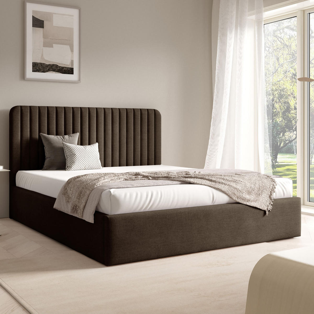 POLSTERBETT BEA II mit Bettkasten 180x200,Doppelbett mit Stauraum,Lattenrost,Boxspringbett-Optik,ohne Matratze-Braun - Braun, Holz (180/200cm) - Furnistar