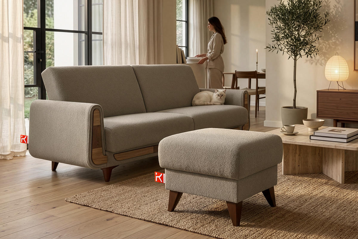 HOCKER GUSTAVO Fußstütze, Bouclé, Dunkelbeige - Graubraun/Beige, Holz/Holzwerkstoff (53/49/53cm) - KONSIMO®