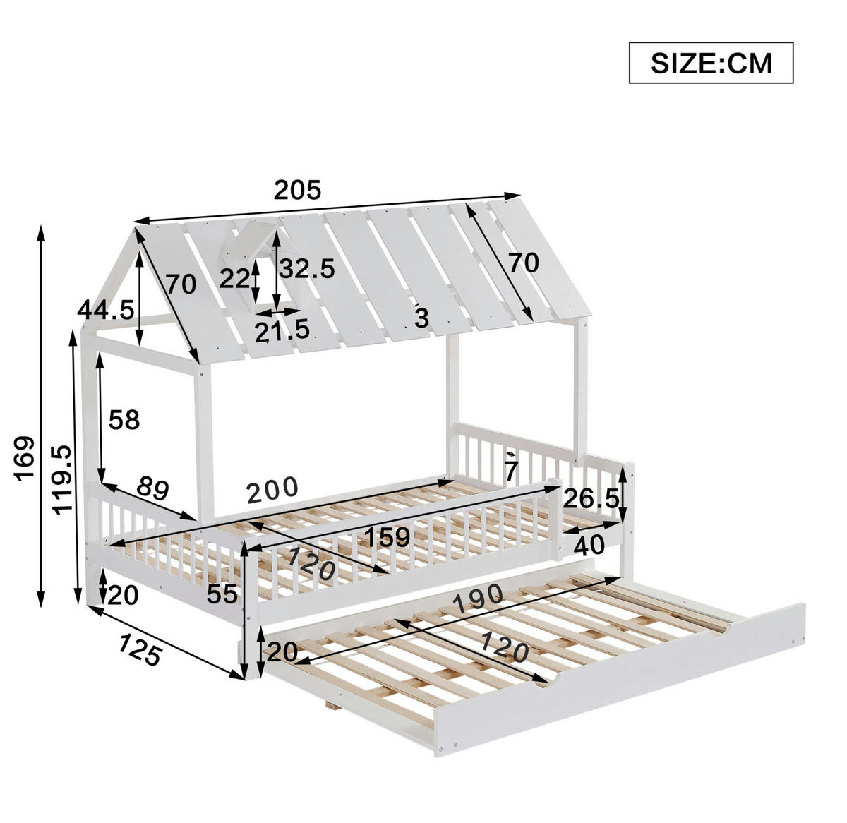 HAUSBETT aus Kiefer und MDF 120x200 cm Weiß mit Rollbett, 3-seitigem Gitter und Dach mit Kaminleiste - Weiß, Holzwerkstoff (120/200cm) - Modfu