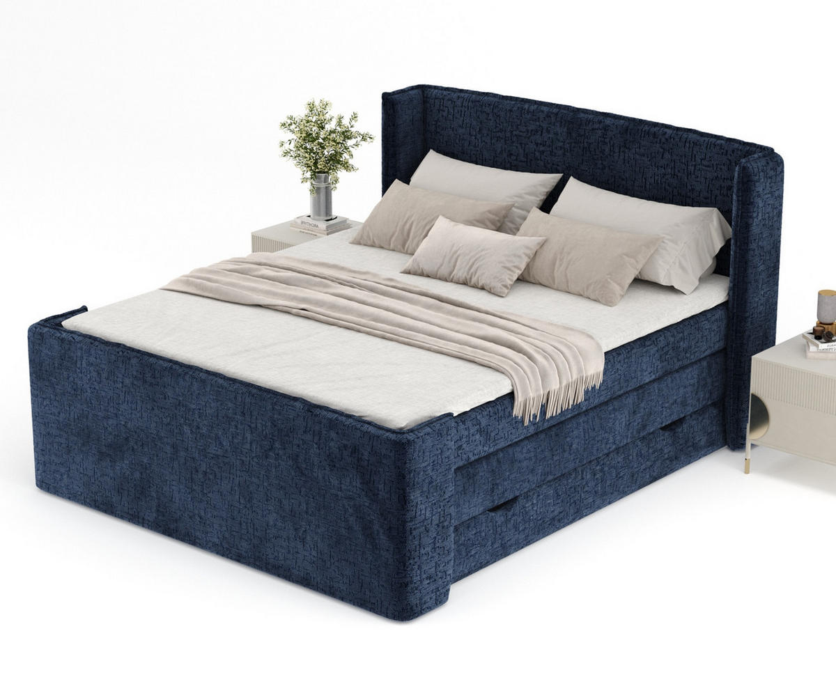 BOXSPRINGBETT Freeland Marineblau 140/200 cm mit Matratze und Topper - Schwarz/Dunkelblau, Holz/Holzwerkstoff (140/200cm) - Maison de Reve