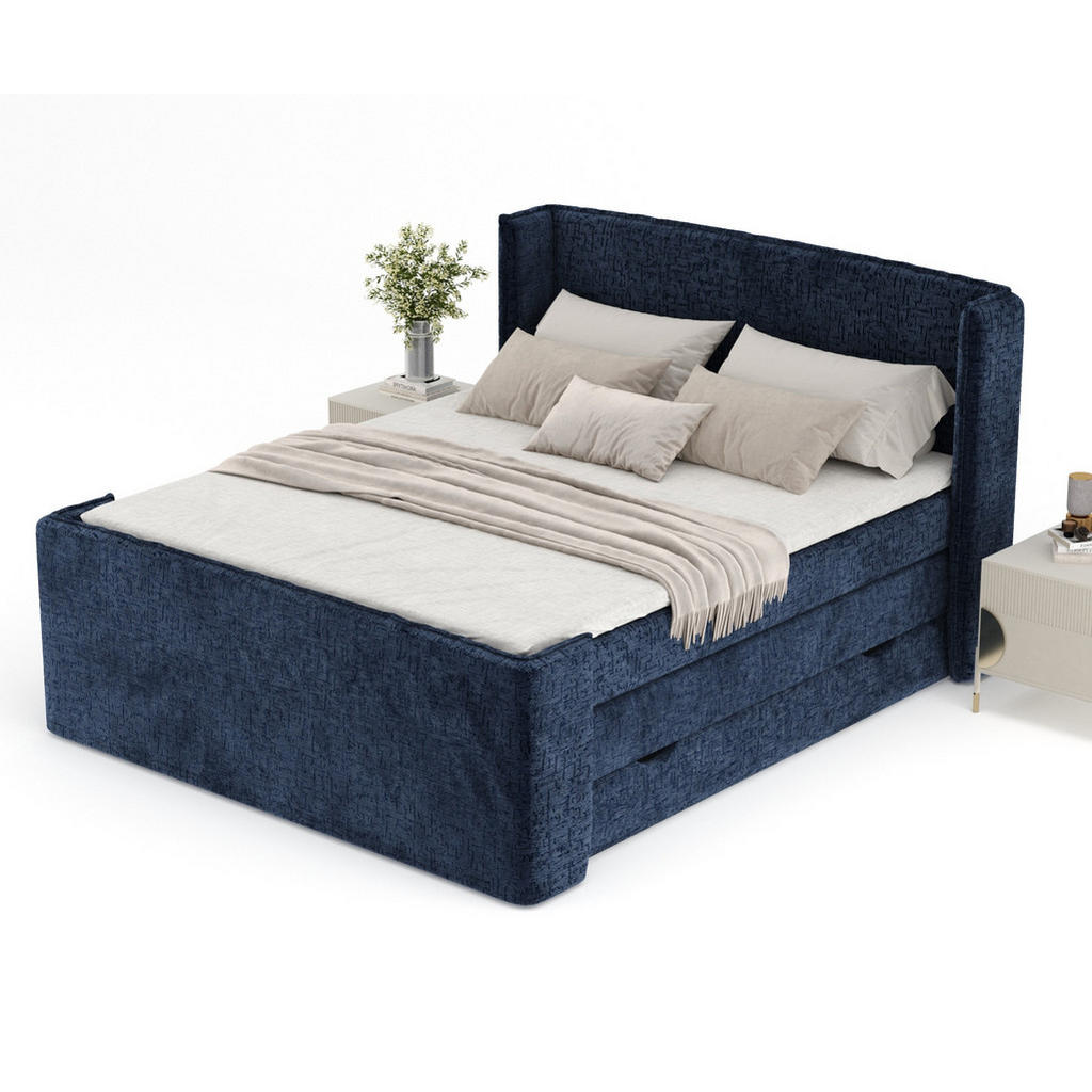 Thumbnail - Maison de Reve Boxspringbett, Dunkelblau, Textil, Buche, Kiefer, H3, Höhe ca. 37 cm, 160x200 cm, Oeko-Tex® Standard 100,...