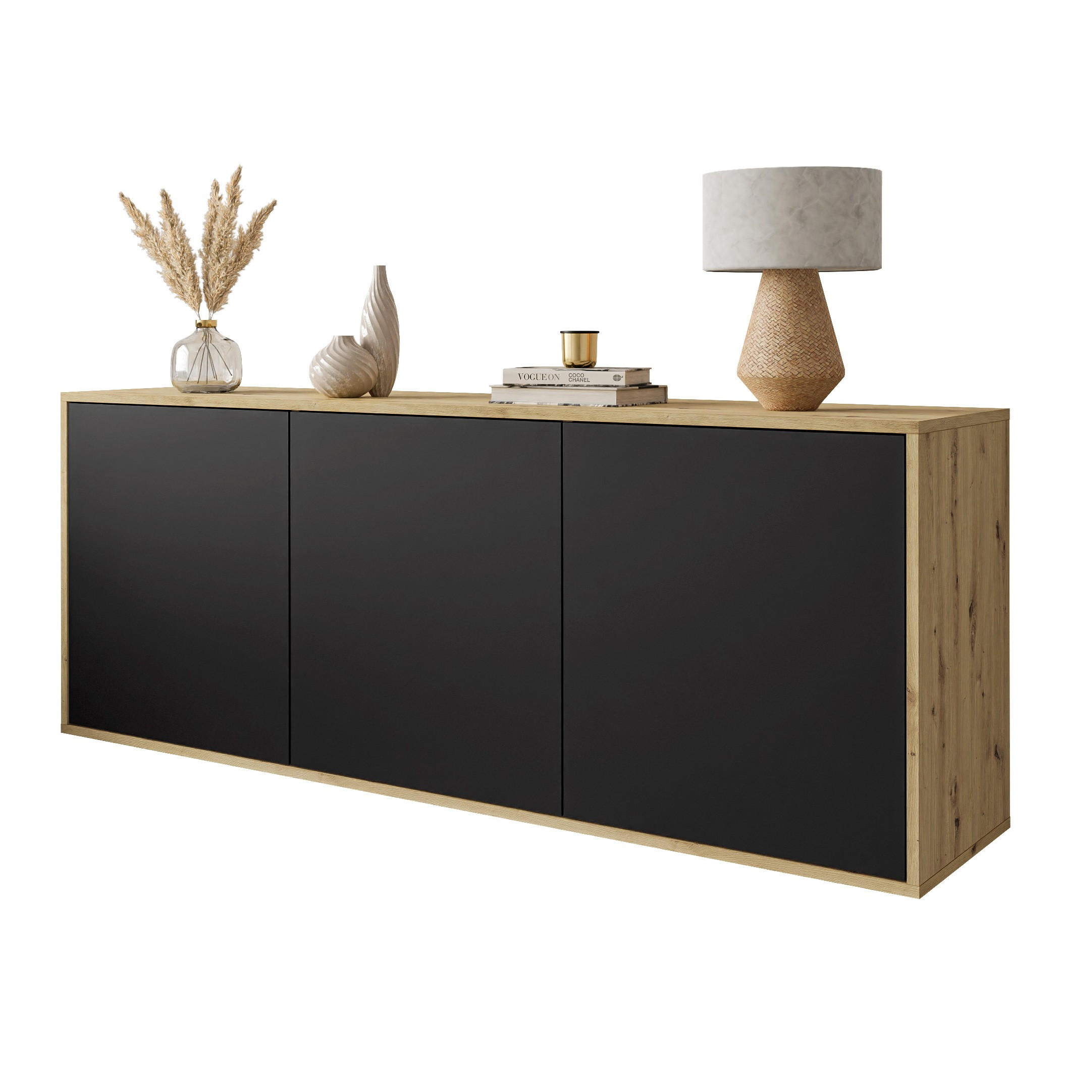 KOMMODE SANAYI Hängend Eiche Artisan/Mattschwarz - Schwarz, Holzwerkstoff (153.9/60/39.6cm) - Lookway