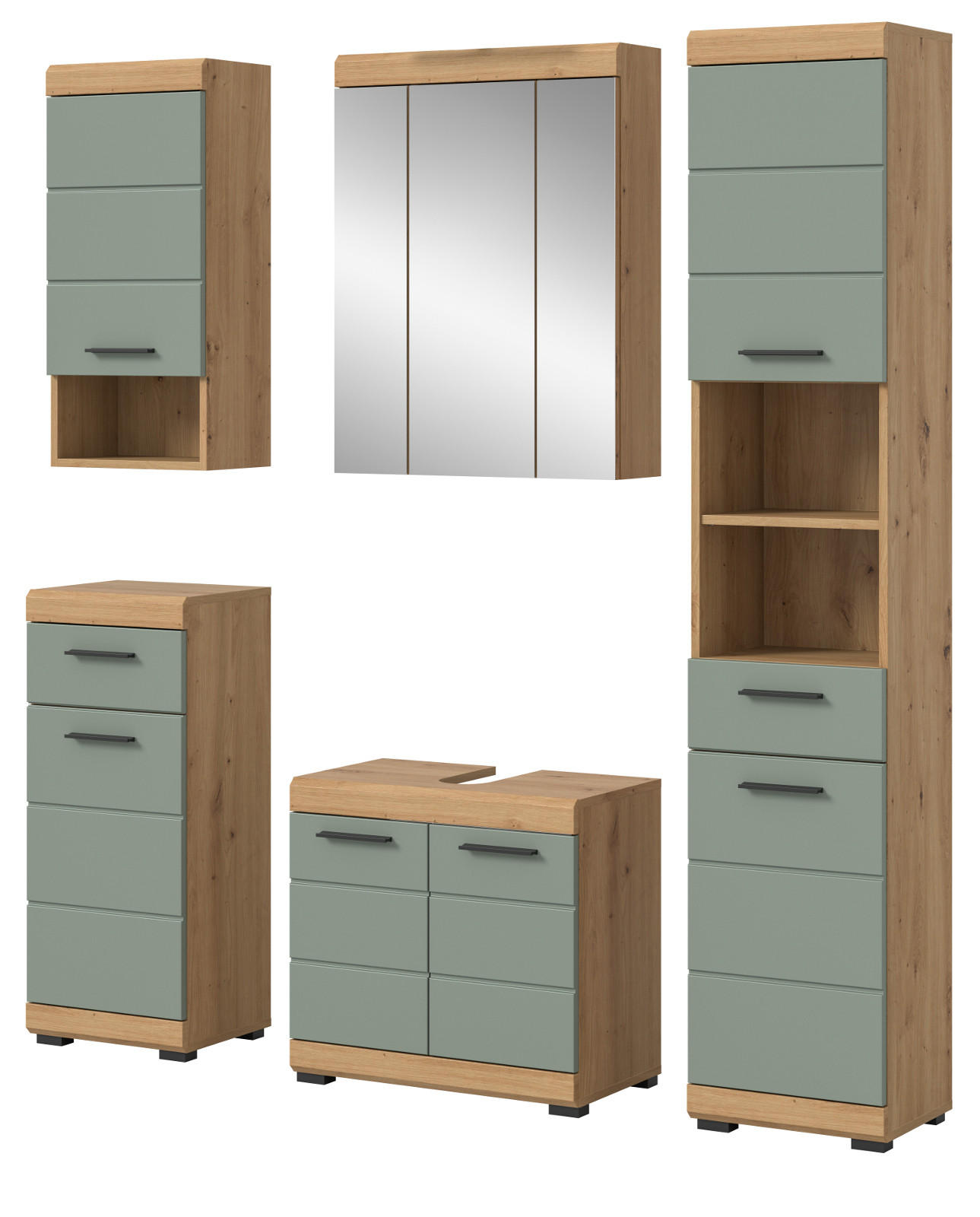 BADMÖBEL-SET Salbei grün, Eiche Artisan 5-teilig 164 cm, Komplettset mit viel Stauraum - Salbeigrün/Schwarz, Glas/Holzwerkstoff (164/191/34cm) - Inn.Furn