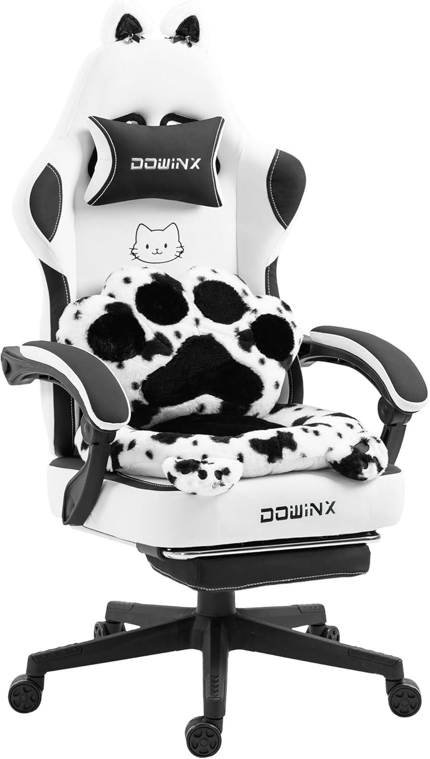 GAMING-STUHL Ergonomischer & Fußstütze Bürostuhl & Lendenwirbelstütze - Weiß, Leder (52/126/49cm)