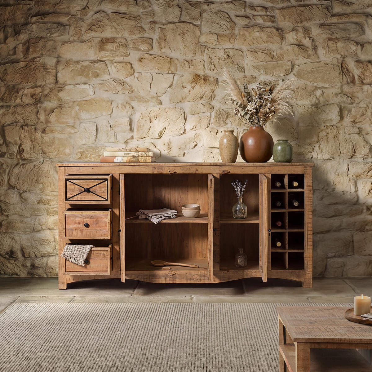 SIDEBOARD Akazie 193x45x90 natur versiegelt NATURE OF SPIRIT #215 - Naturfarben, Holz (193/90/45cm) - Massivmoebel24