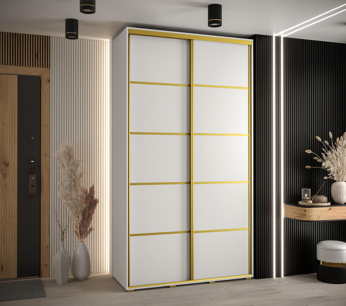 SCHWEBETÜRENSCHRANK 235,2/140/45 2-türig - Goldfarben/Weiß, Holz/Metall (140/235/45cm) - Abiks Möbel