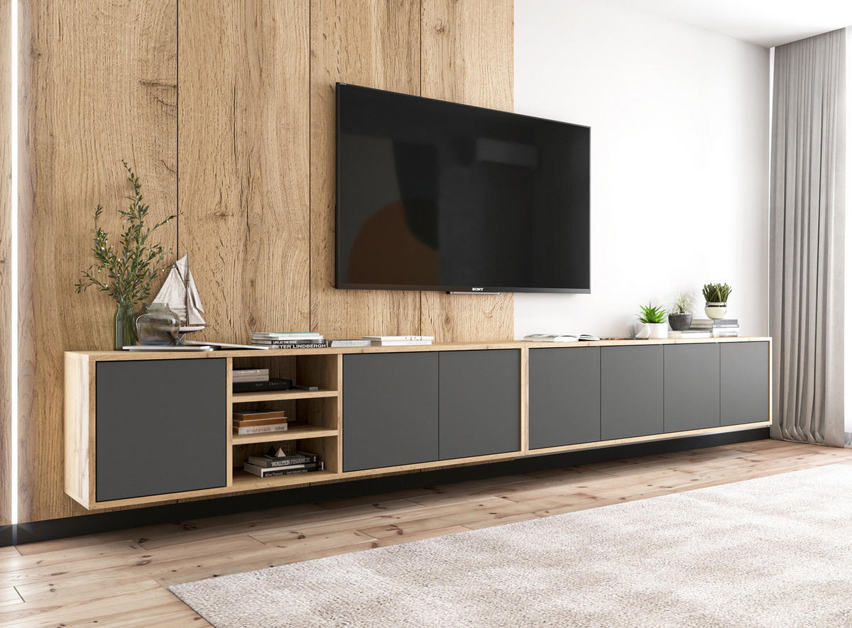 TV-LOWBOARD Apollo Eiche wotan Graphit matt 150 cm - Graphitfarben, Holzwerkstoff (150/39/35cm) - Meble Lindner