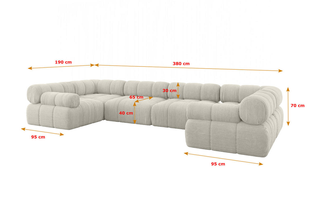 WOHNLANDSCHAFT modulares Sofa Birno-U2 - 380x190x70 cm Creme Cord - Hellgrau/Creme, Holzwerkstoff/Textil (380/70/190cm) - ALTDECOR