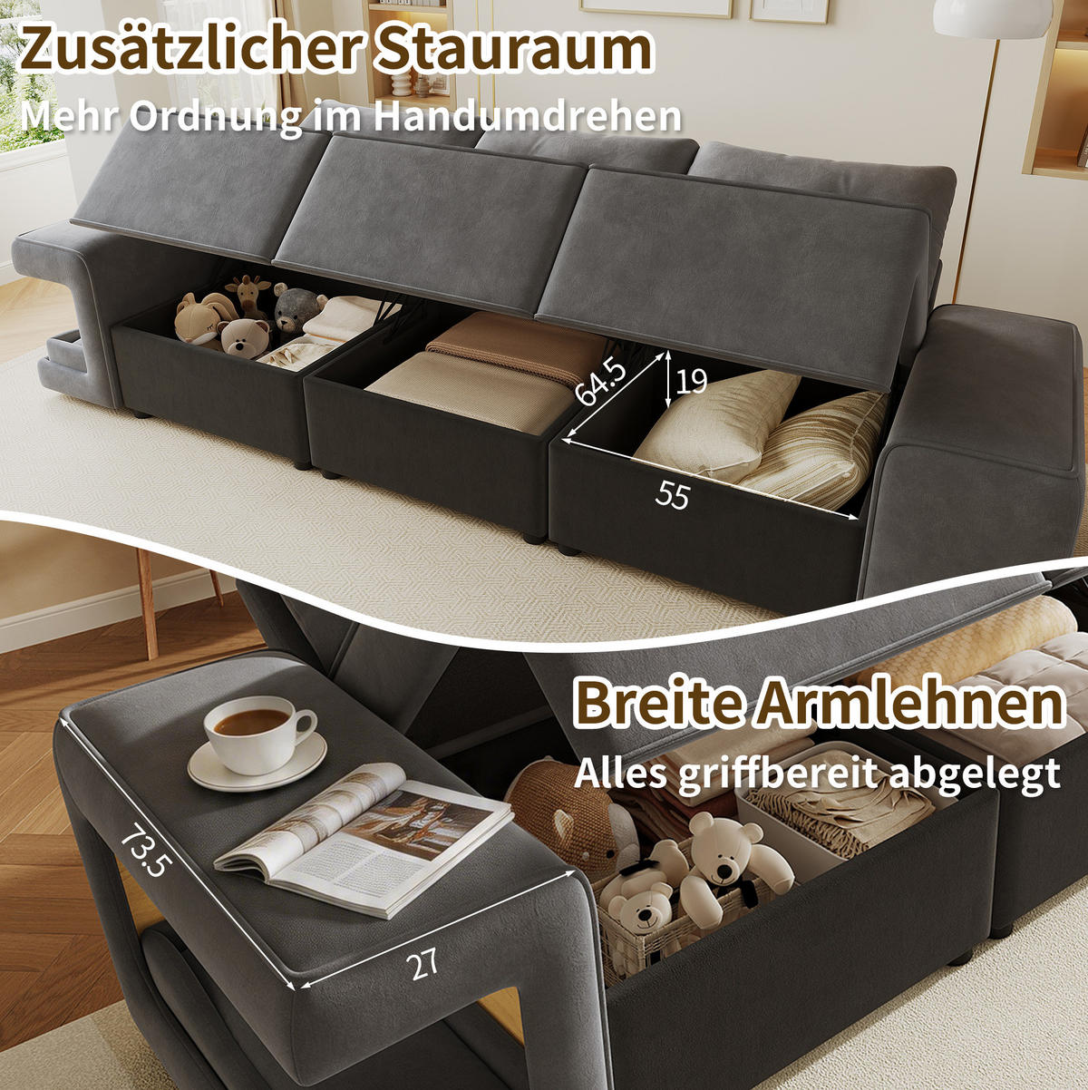 3-SITZER-SOFA 229,5/78/84 cm mit Stauraum, Haustiernischen und breiten Armlehnen, Samt, Grau - Grau, Textil (229.5/84/78cm) - Redom