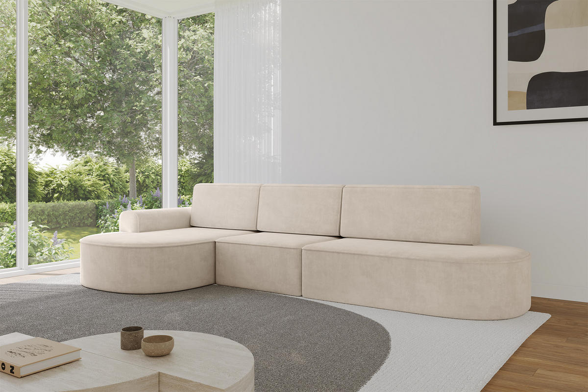 ECKSOFA mit Schlaffunktion Ottomane Links MARI L2-S 368X167X85 Beige Velours - Sandfarben/Schwarz, Holzwerkstoff/Kunststoff (368/167cm) - ALTDECOR