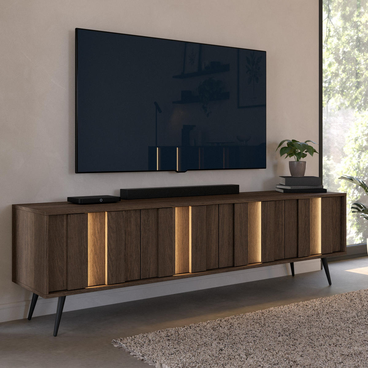 TV-LOWBOARD LUPO 183 cm Eiche Dunin - mit 4 Türen, LED und Metallfüßen - Eichefarben/Schwarz, Holz/Holzwerkstoff (183/54/40cm) - Ravio