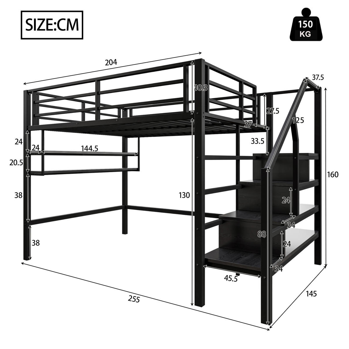 HOCHBETT 140x200cm Schwarz Einlegeböden Stauraumleiter Geländer - Schwarz, Metall (140/200cm) - FLIEKS