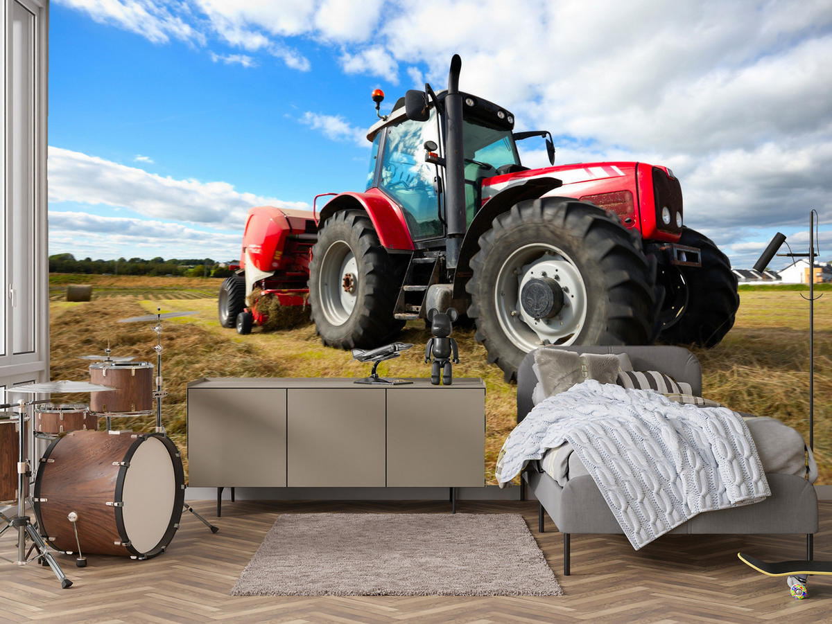 FOTOTAPETA Červený Traktor Pole Žatva Poľnohospodárstvo Rustikálna 300 x 210 cm - hnedá/žltá, papier (300/210cm) - Muralo