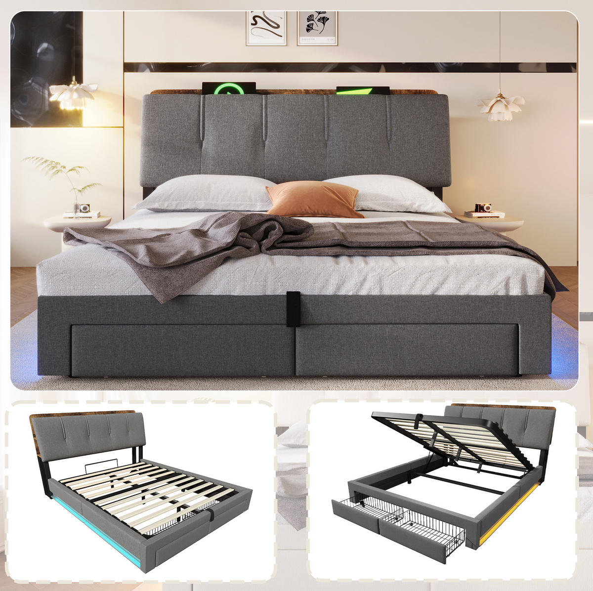 POLSTERBETT 140/200 cm Grau mit LED, USB-C, Bettkasten und Schubladen aus Leinen - Grau, Textil (140/200cm) - OKMYHOME