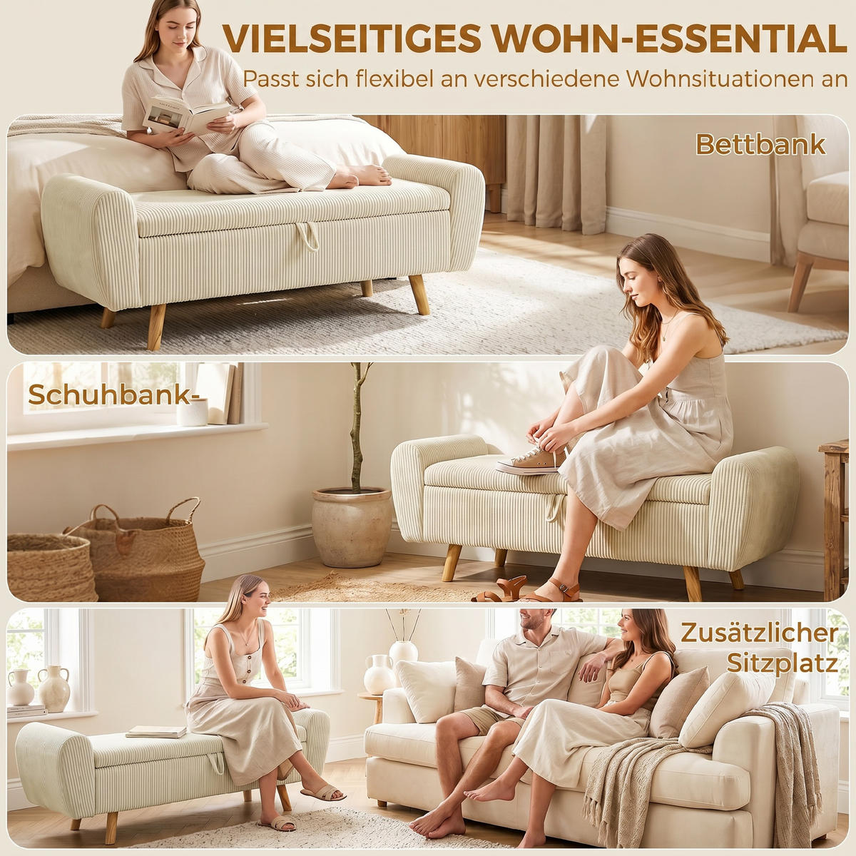 SITZBANK Polyester Gummibaumholz Beige - Beige, Holz/Textil (45/51/150cm) - HOMCOM