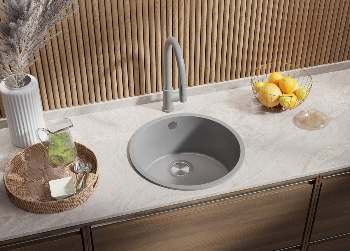 SPÜLBECKEN RUND Valletta Slim, 2-er set Grau 46/46 cm 1 Becken + Ablauf-Set ab 50er Unterschrank - Chromfarben/Grau, Kunststoff (46/20/46cm) - Primagran