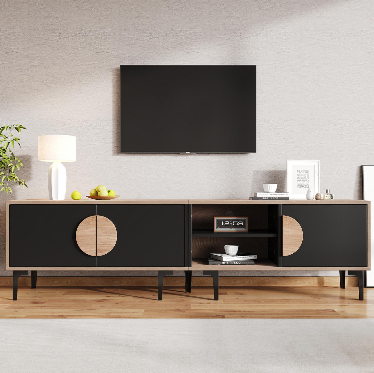 TV-ELEMENT mit 3 Türen und offenen Fächern 180 x 35 cm Holzoptik Schwarz - Schwarz, Holzwerkstoff (35/49/180cm) - Beauniv
