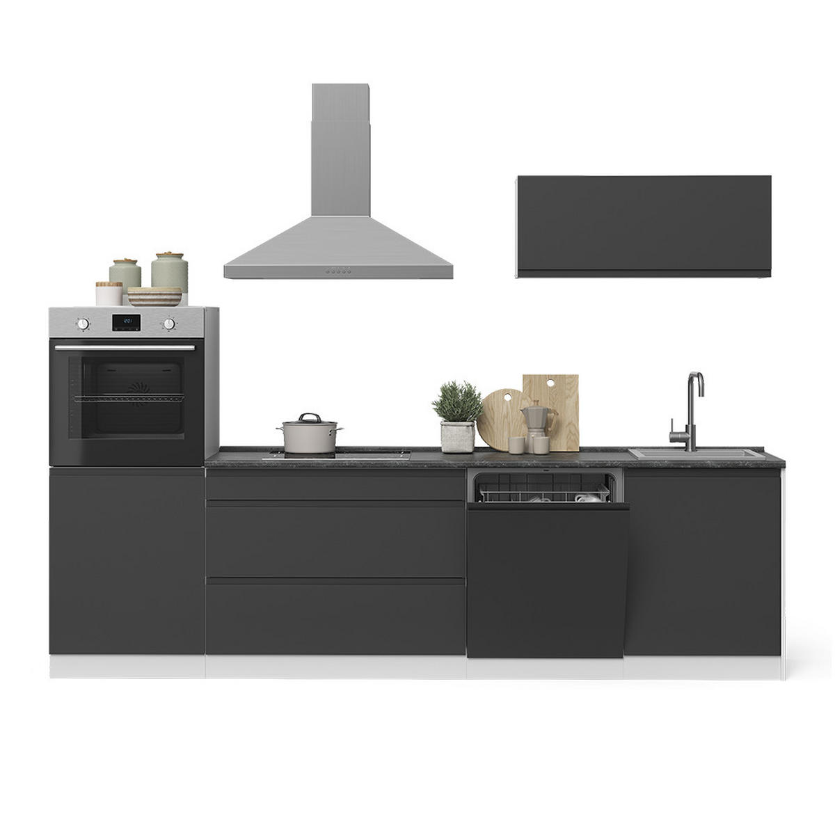 KÜCHENZEILE R-Line, Anthrazit/Weiß, 280 cm Arbeitsplatte Satin - Anthrazit/Weiß, Holzwerkstoff (280/143/60cm) - Vicco