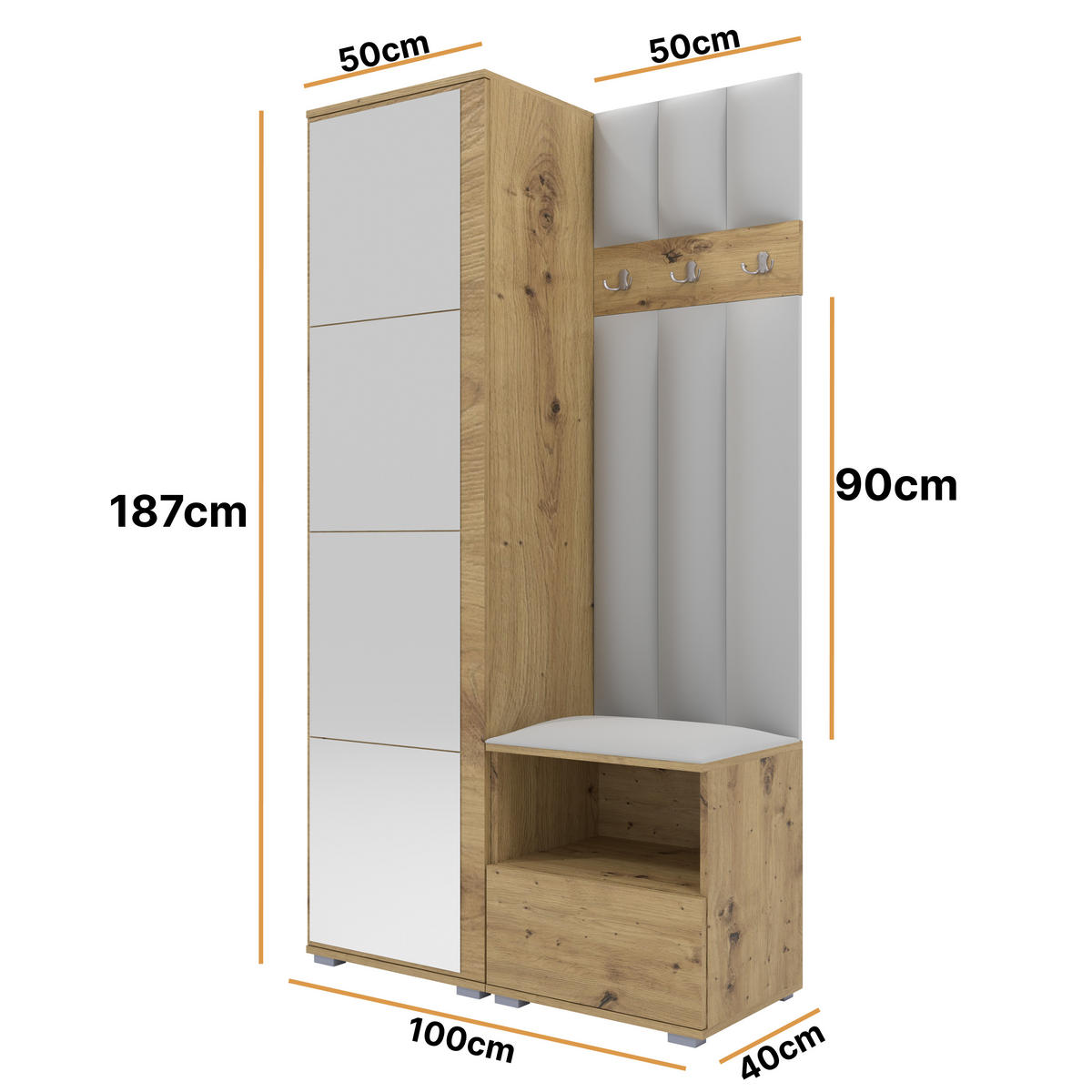 GEPOLSTERT Garderoben-Set Nela I LUX (Spiegel – Farbe Eiche Artisan + Stoff Trinity 32) - Silberfarben/Hellgrau, Holz/Holzwerkstoff (100/187/40cm) - Ravio