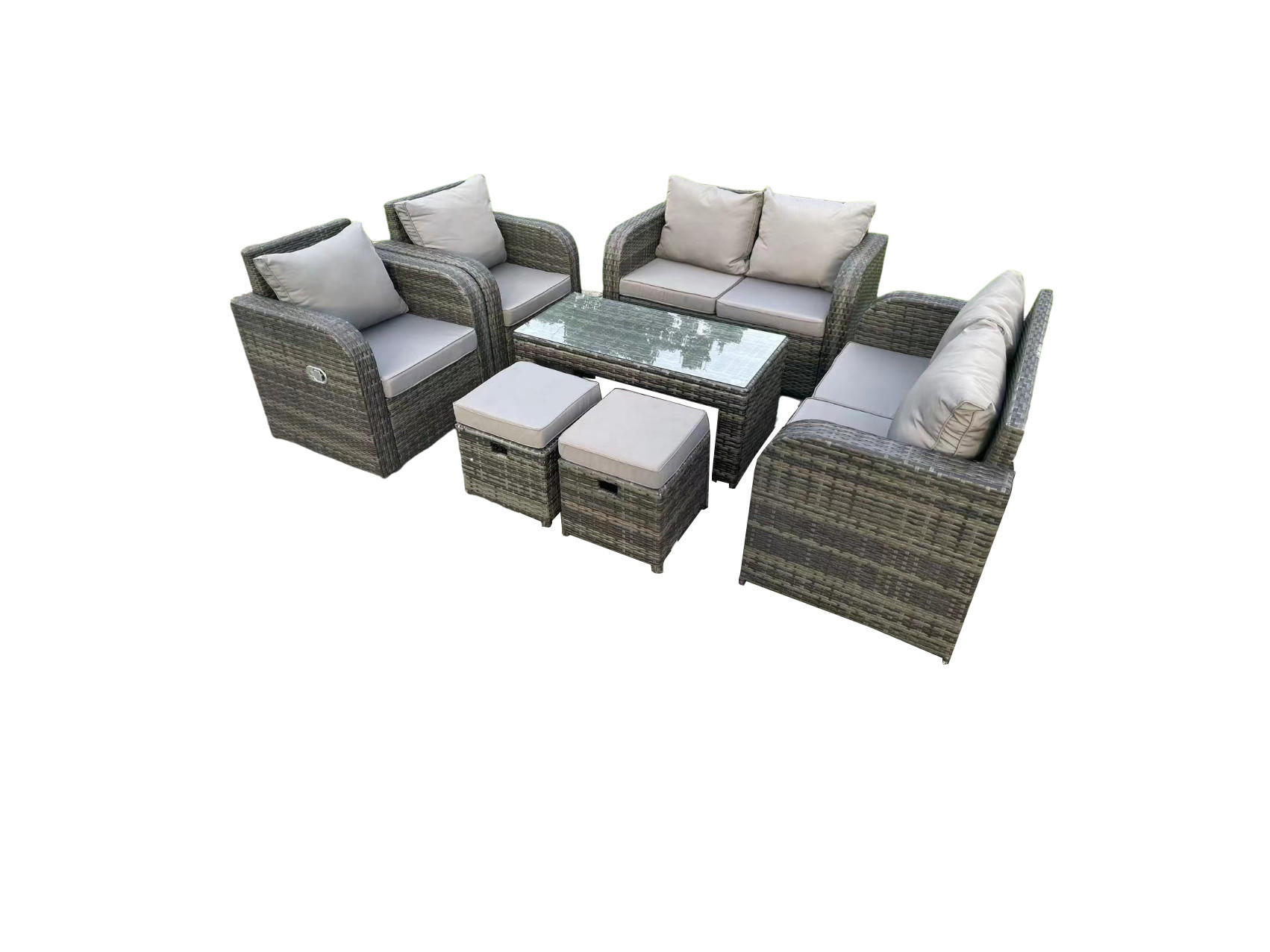 GARTENSET Polyrattan 7-Sitzer - Dunkelgrau/Grau, Glas/Kunststoff - Fimous
