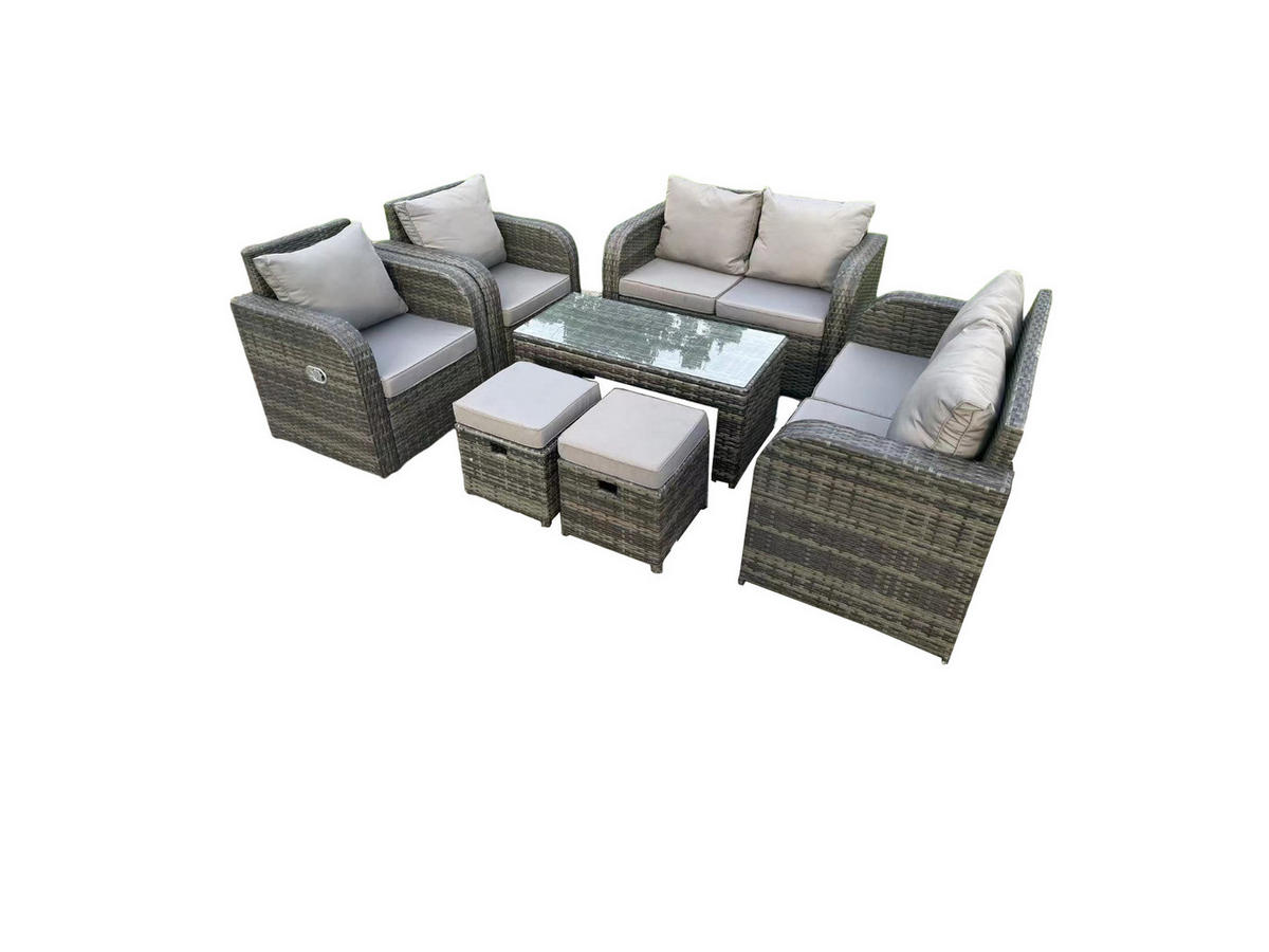 GARTENSET Polyrattan 7-Sitzer - Dunkelgrau/Grau, Glas/Kunststoff - Fimous