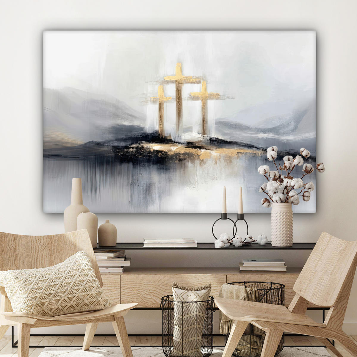 LEINWANDBILD Abstrakt - Malerei - Christentum - Kreuz Groß 140x90 cm - Weiß, Textil (140/90cm) - MuchoWow