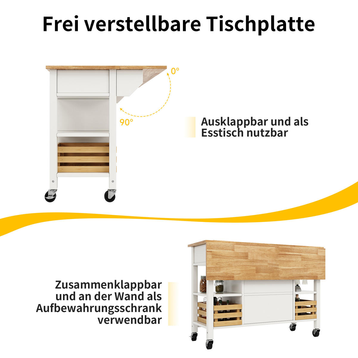 KÜCHENINSEL 120/45/90 cm Natur/Weiß aus MDF mit Klappplatte - Weiß, Holzwerkstoff (120/90/45cm) - OKWISH