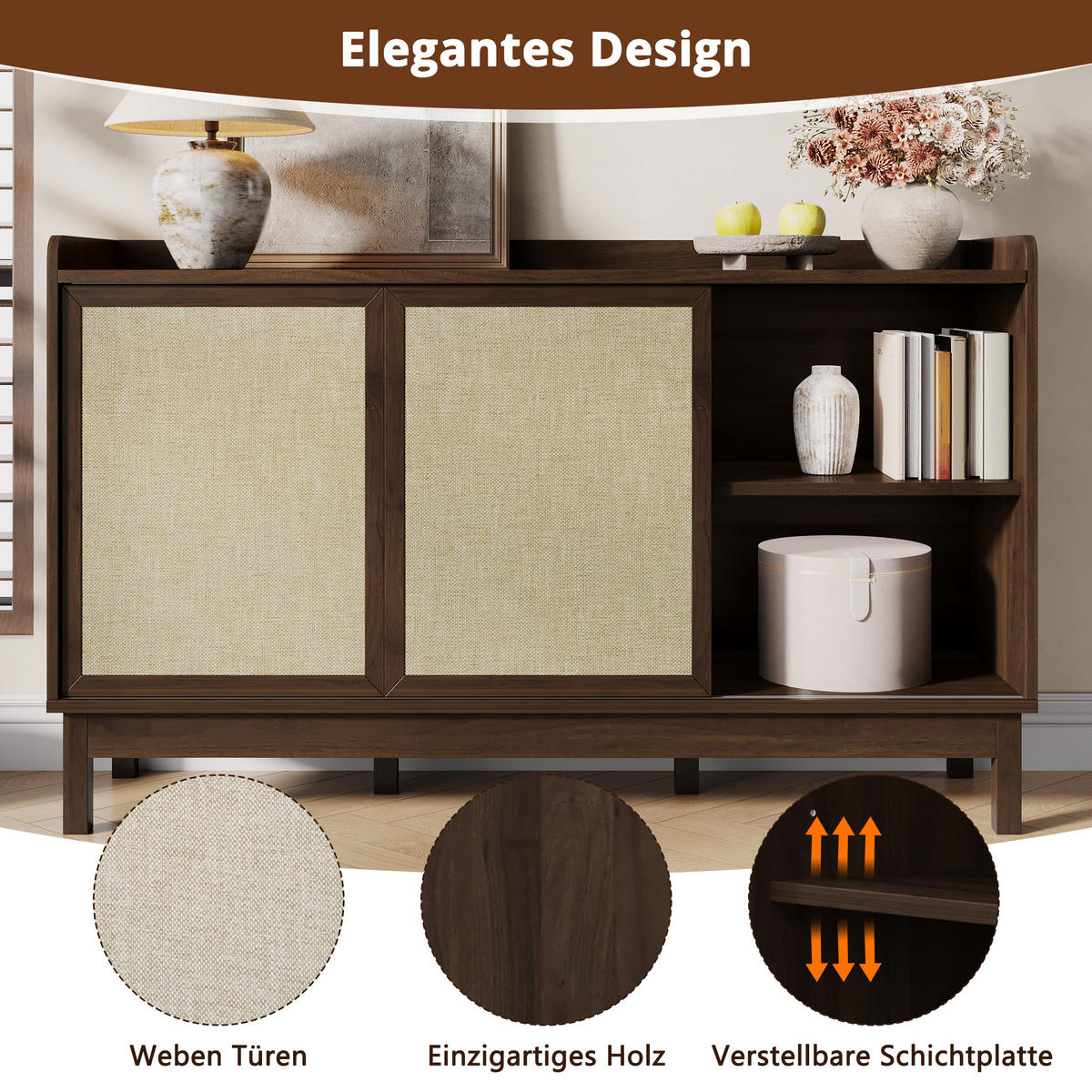 SIDEBOARD Schiebetüren 2 Schubladen Wohn Esszimmer Multifunktional - Naturfarben, Holzwerkstoff (39.5/80/150cm) - FLIEKS