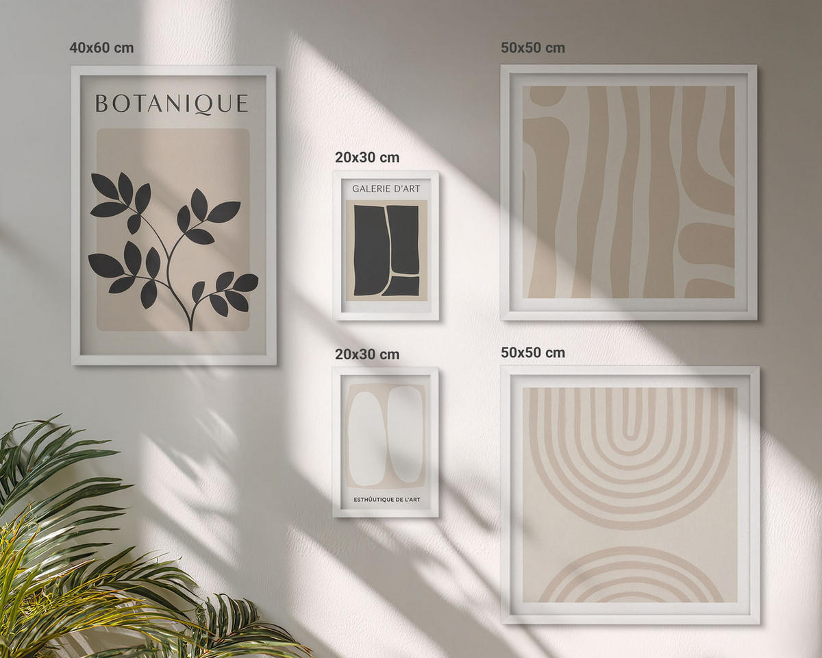 WANDBILDER 5er-Set - 50x50 cm & 20x30 cm & 40x60 cm Weißer Rahmen - Boho-Pflanzenposter - Weiß, Kunststoff (40/60cm) - ArtPrintCave