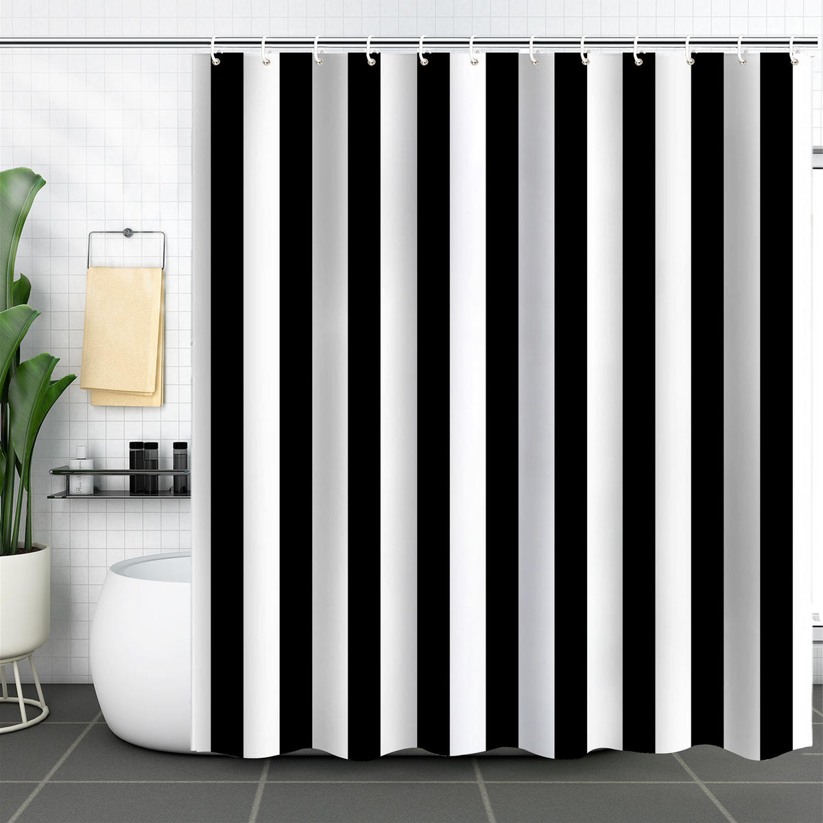 DUSCHVORHANG Schwarz Weiß gestreift Digitaldruck 180 x 180 cm Dekoration Badezimmer mit Haken - Weiß, Textil (180/180cm) - MCBOSON