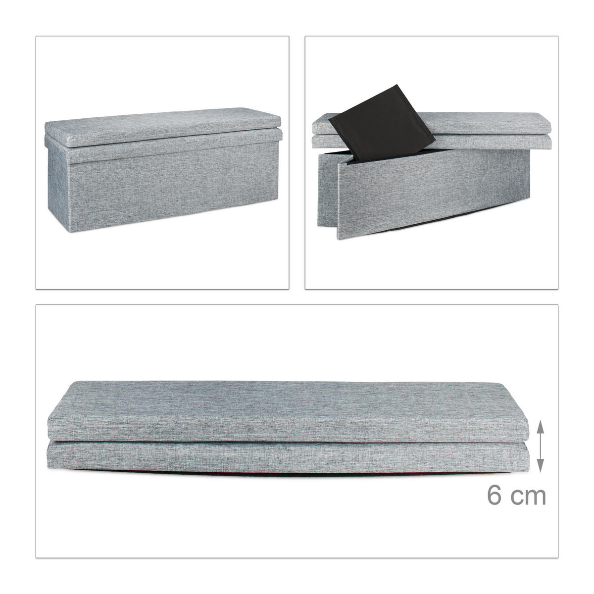 FALTBARER Sitzhocker - Grau, Holzwerkstoff/Textil (114/73/38cm) - Relaxdays