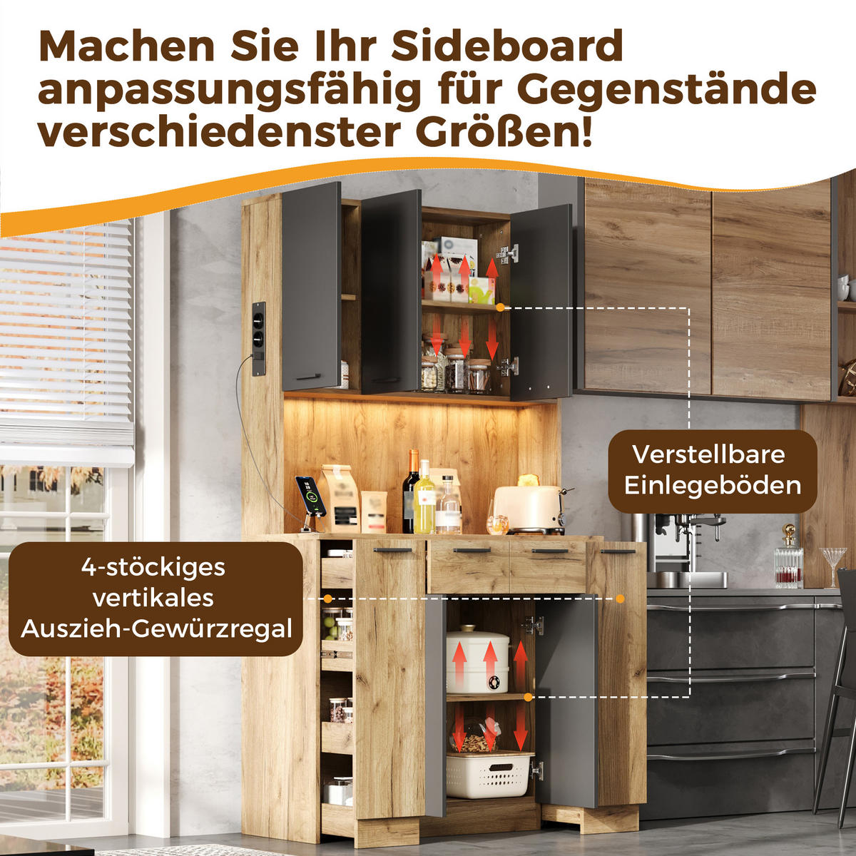 BUFFET DE-38704 100/40/180 cm LED-Beleuchtung und Steckdose Natur - Naturfarben, Holzwerkstoff (100/180/40cm) - ComfortXL