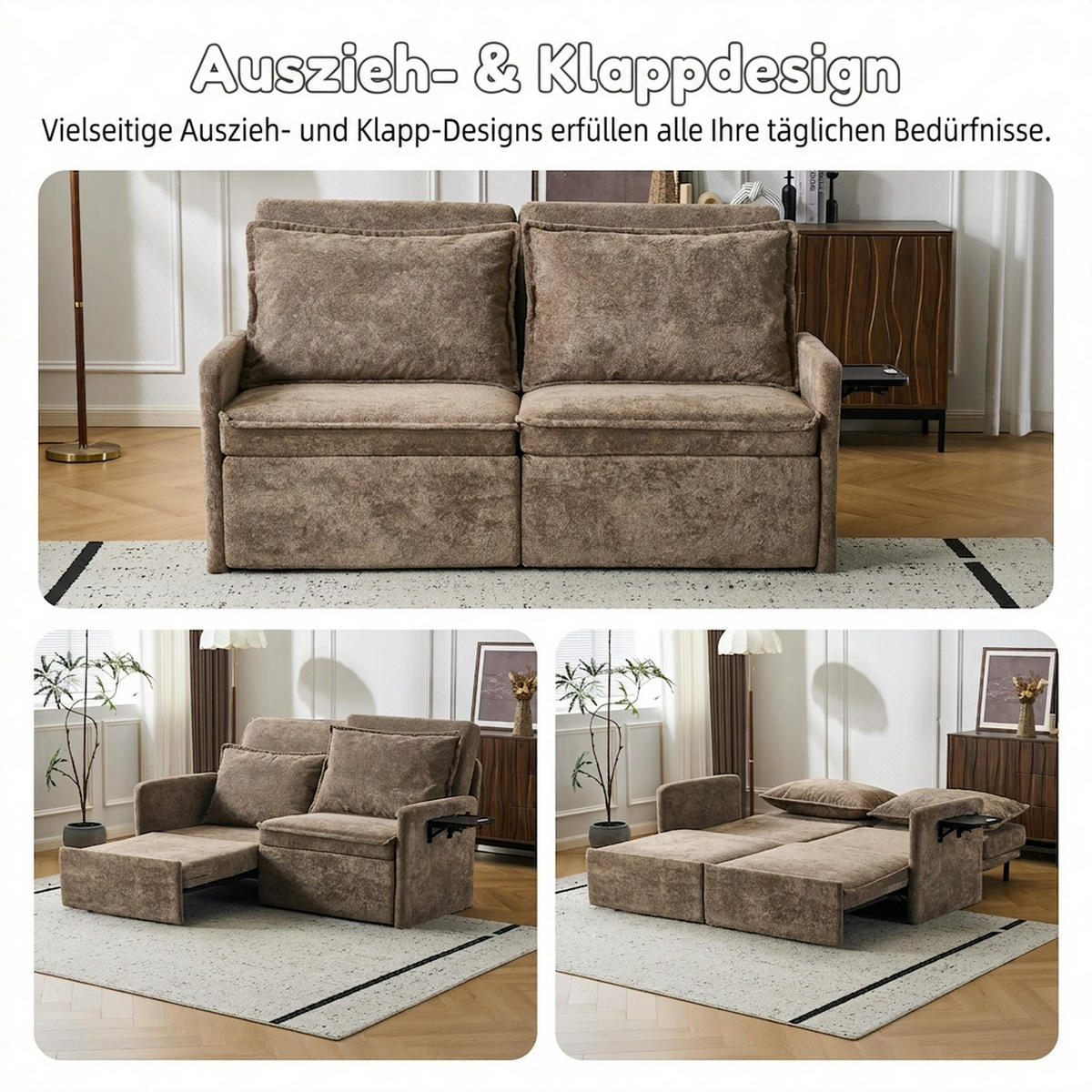 SCHLAFSOFA 172.5/71/95 cm Braun mit USB-Anschluss, 5-fach verstellbarer Rückenlehne und Stauraum - Braun, Textil (71/95/172.5cm) - Oxeza