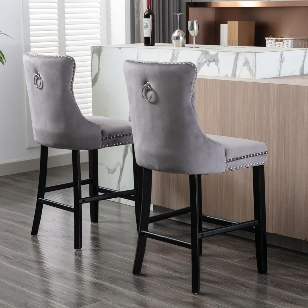BARHOCKER 2er-Set Grau mit Samtbezug und Rückenlehne - Grau, Textil (60/66/50cm) - PANGIVO