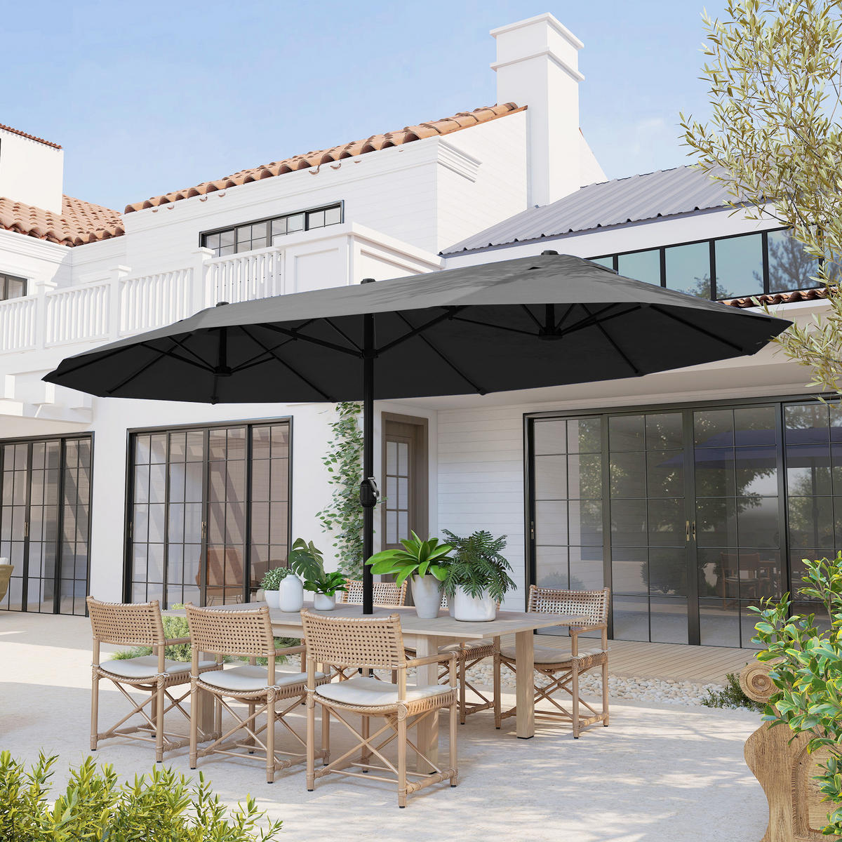 SONNENSCHIRM, Gartenschirm, Marktschirm, Doppelsonnenschirm, Terrassenschirm, Schwarz, Oval - Schwarz, Metall (270/460cm) - Outsunny