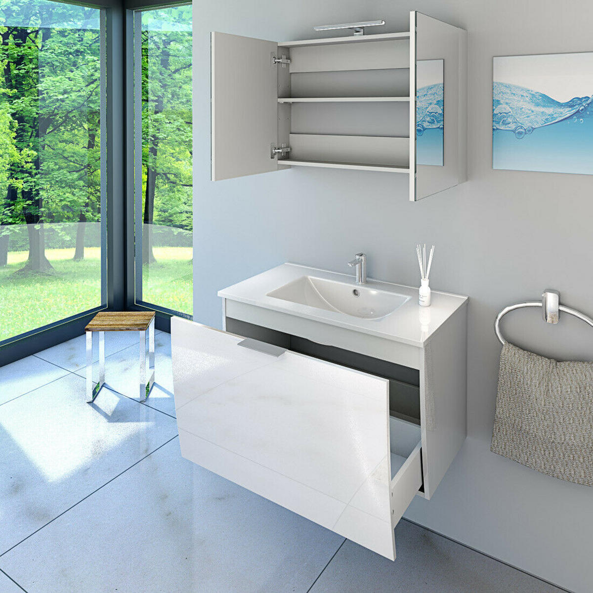 BADMÖBEL Set Gently 1 V1 Weiß MDF Waschtisch 80cm NEIN ohne LED-Beleuchtung - Weiß, Glas/Kunststoff (46/52/80cm) - AcquaVapore by Sandra Jentho