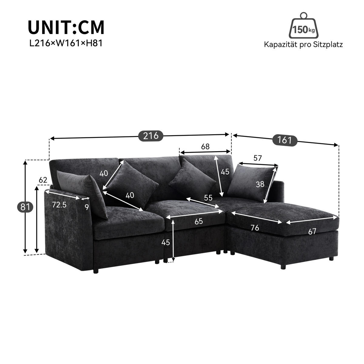 ECKSOFA 216/161/81 cm grau aus Chenille modular mit Hocker - Grau, Textil (161/216cm) - OKMYHOME