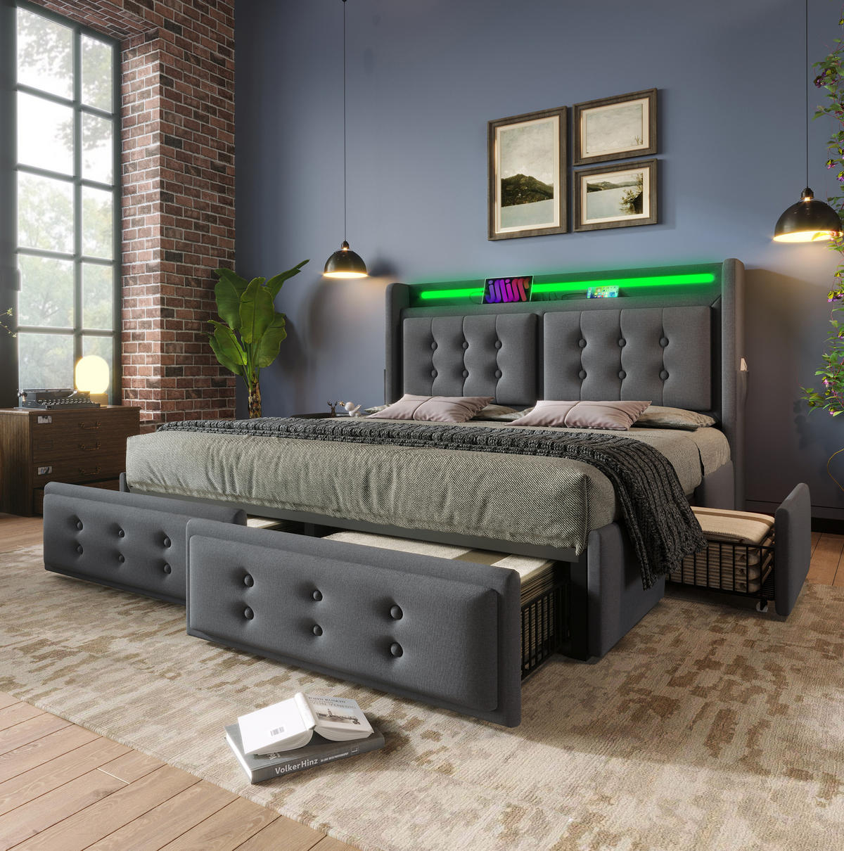 POLSTERBETT mit LED, USB und 4 Schubladen 160x200 cm Grau - Grau, Metall (160/200cm) - Meubliv