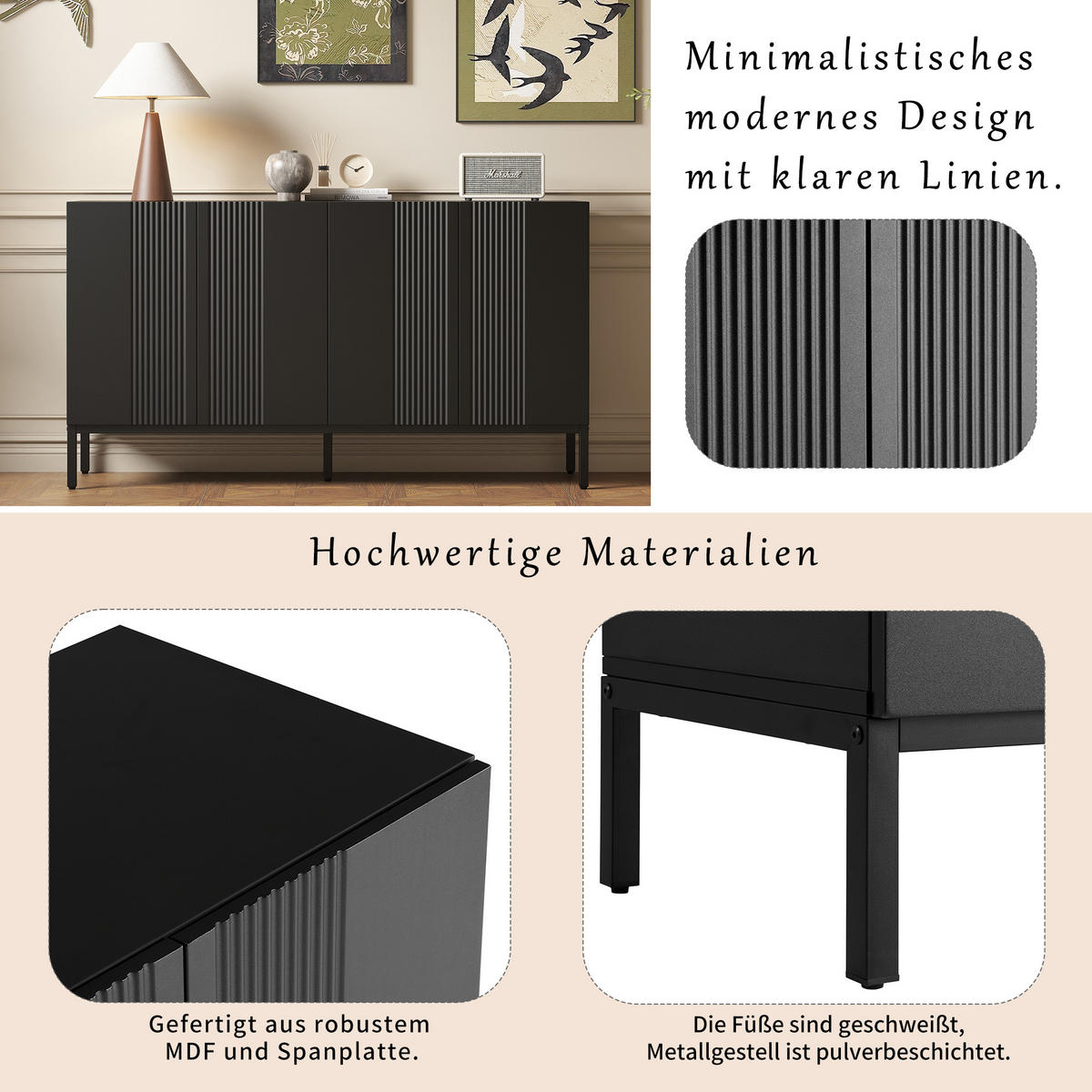 SIDEBOARD 145/42/80 cm schwarz aus MDF mit verstellbaren Einlegeböden - Schwarz, Holzwerkstoff (145/80/41.5cm) - OKWISH