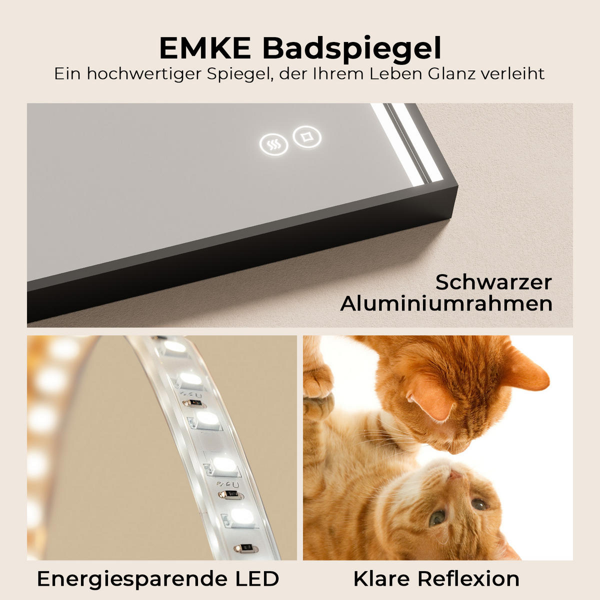 BADSPIEGEL mit Beleuchtung Schwarzer Rahmen 50/50 cm - Schwarz, Glas (50/4.5/50cm) - EMKE