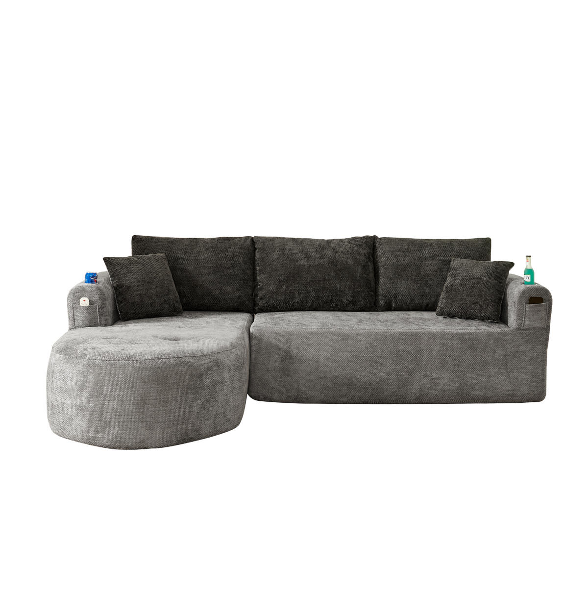 ECKSOFA L-Form montagefrei mit Edelstahl-Becherhalter, Seitentaschen und Leinenoptik, Grau - Grau, Textil (255/170cm) - Redom