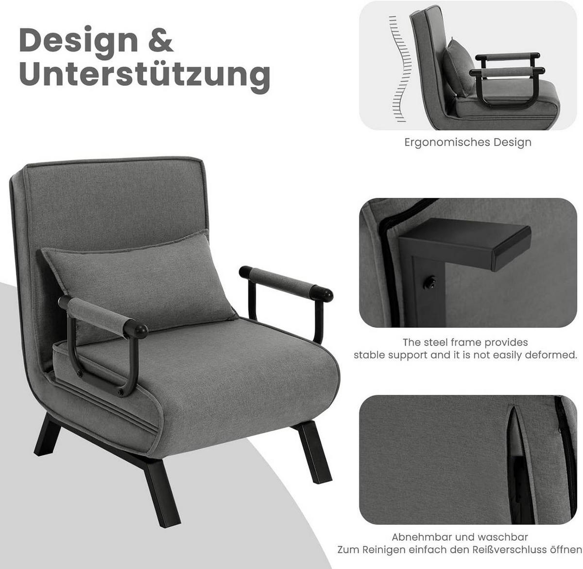 SCHLAFSESSEL 3 in 1, mit Verstellbarer Rückenlehne, Leinen Dunkelgrau - Dunkelgrau/Schwarz, Textil/Metall (65/78/75cm) - Woltu