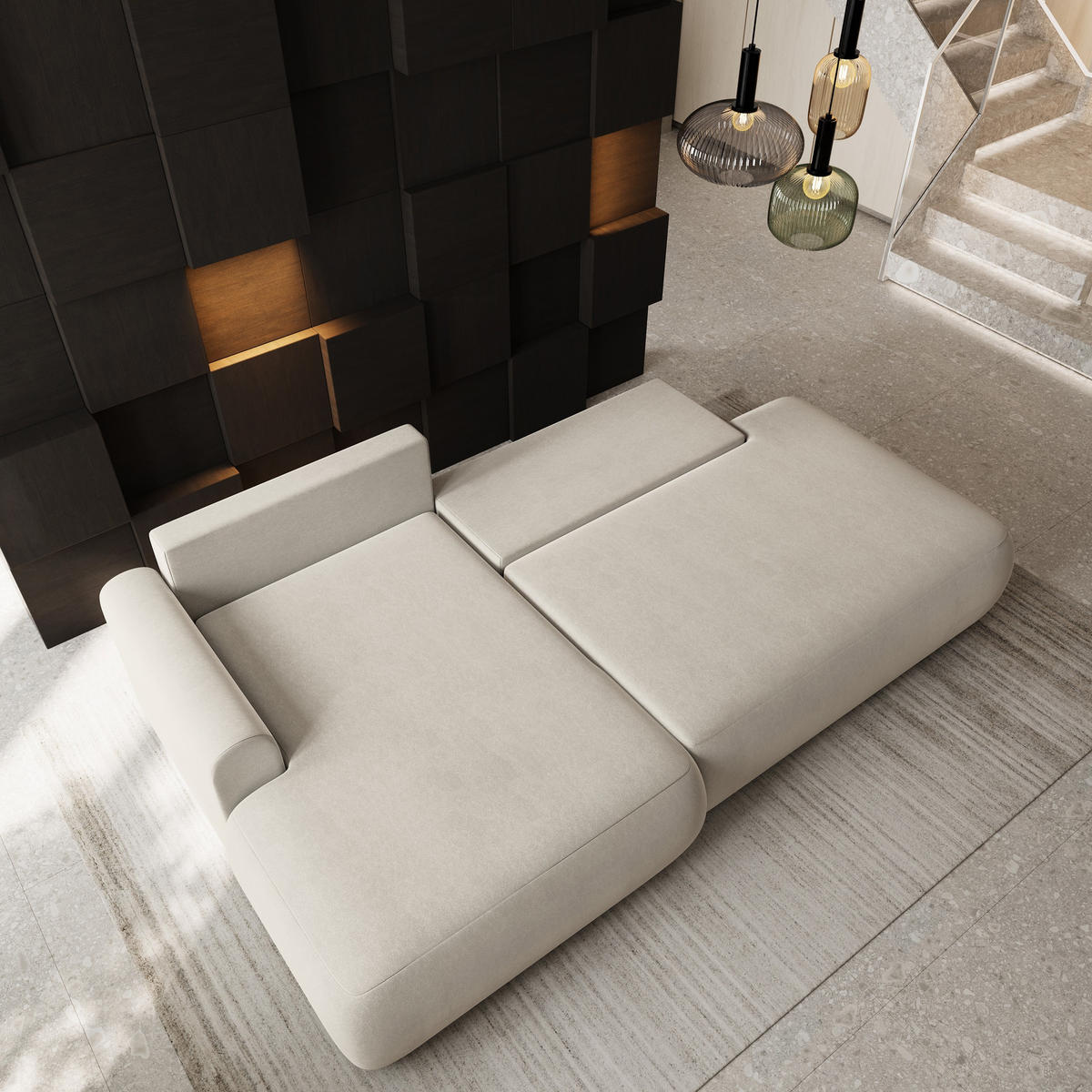 ECKSOFA NUVIRA CL L-S Creme Samtstoff mit Schlaffunktion - Creme, Holzwerkstoff/Textil (279/158cm) - MASSENO