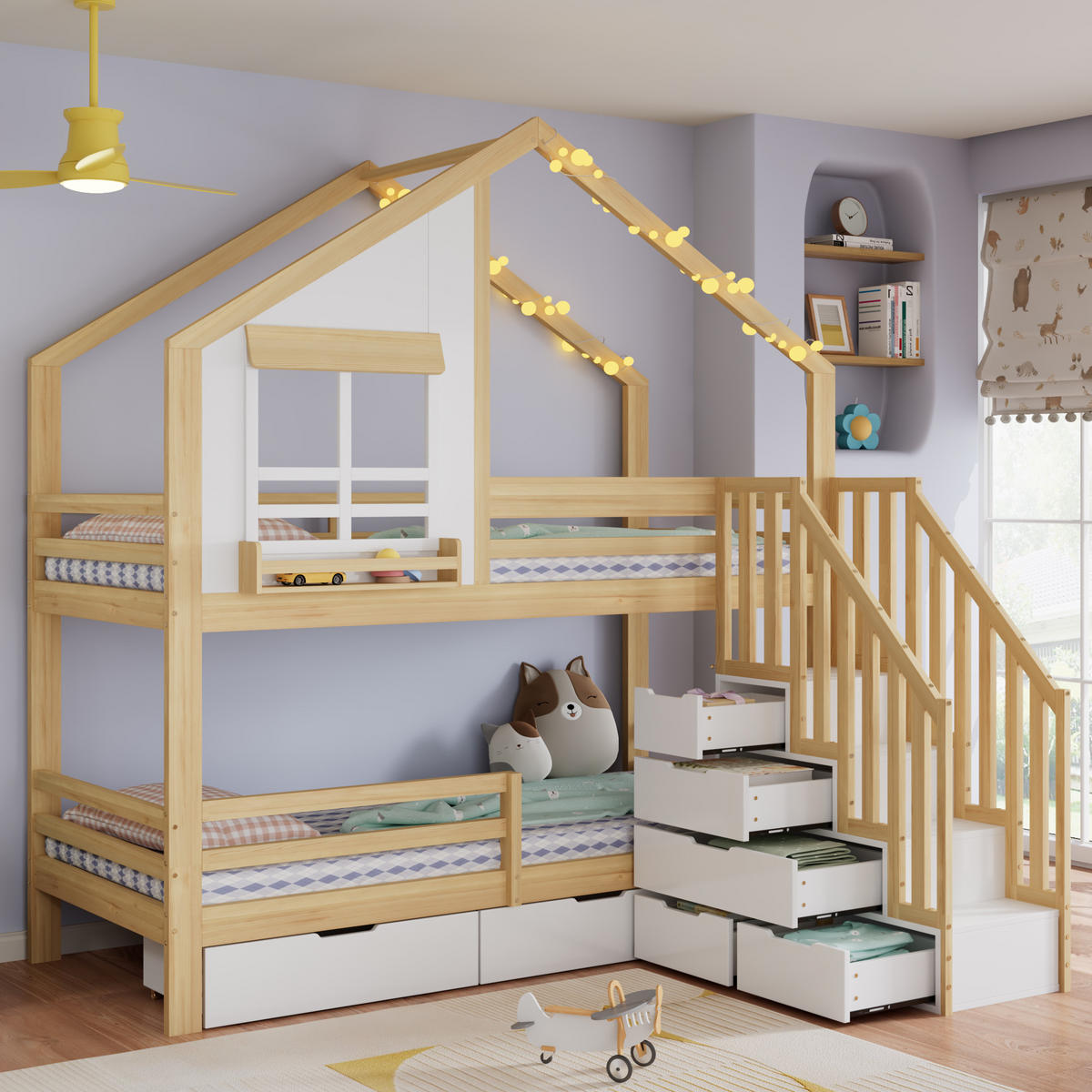 ETAGENBETT 90/200 cm in Weiß & Natur mit Stauraumtreppe und Schubladen - Naturfarben/Weiß, Holz/Holzwerkstoff (90/200cm) - WISHDOR